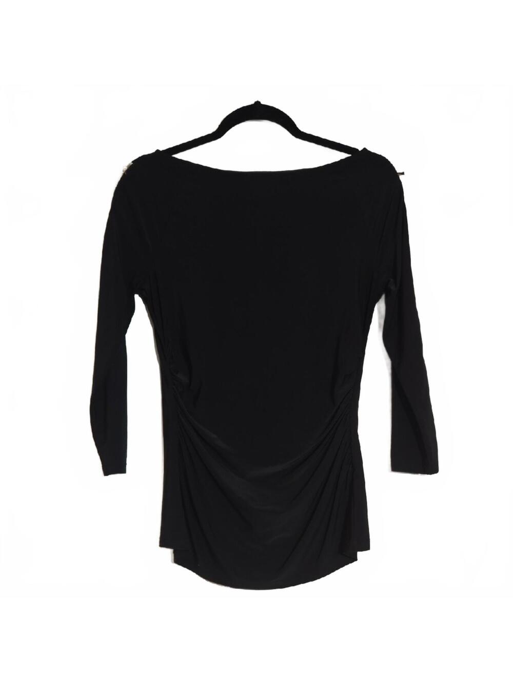 Cache Black Boatneck 3/4 Sleeve Ruched Top Gold Zippers Down Arms Size Small